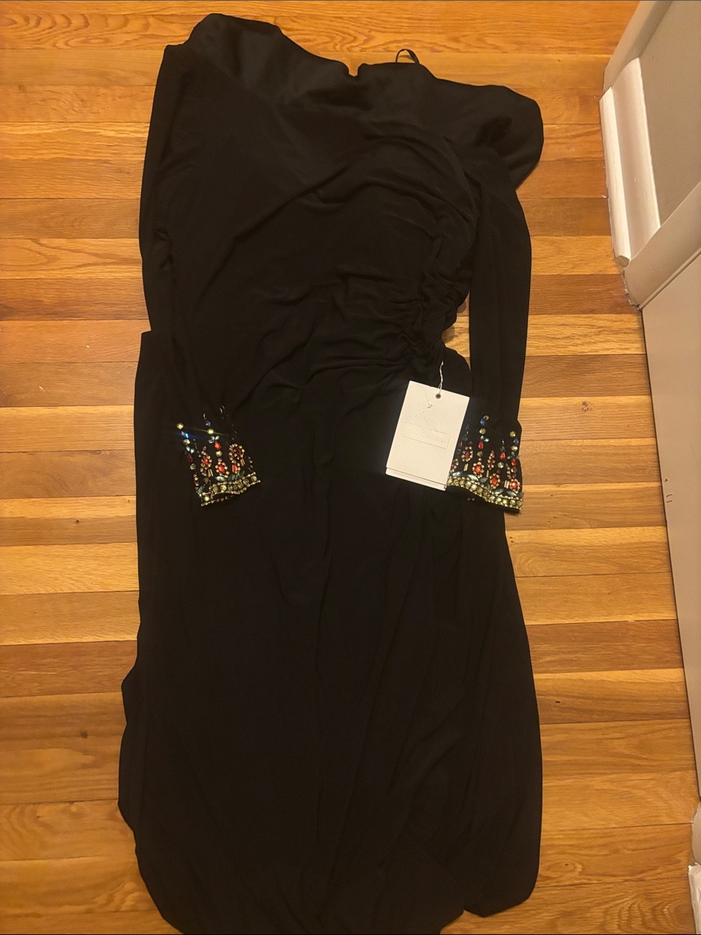 NWT Mac Duggal Black Long-Sleeve Dress with Embellished Cuffs